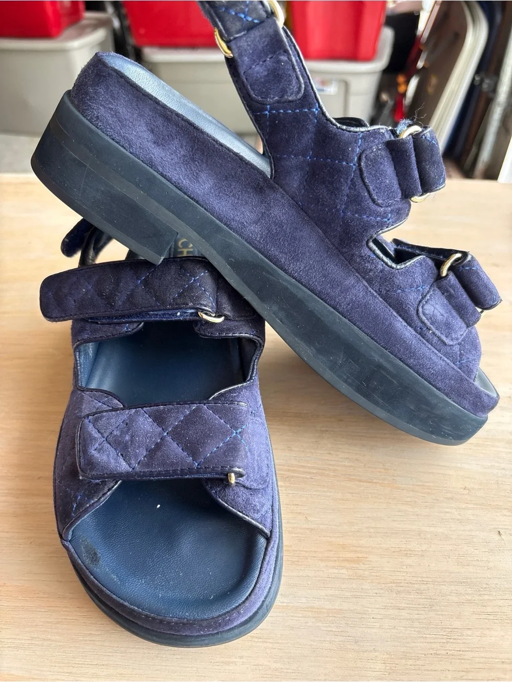 CHANEL Dark Blue Suede Quilted Platform Sandals